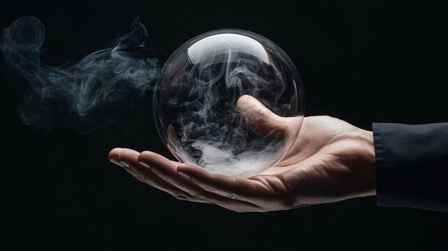 A magician’s hand holding a crystal ball with swirling smoke inside, isolated on a matte black background for a sense of mystery