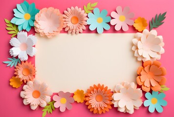 Colorful Paper Flowers Frame on Pink Background