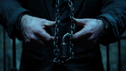 A magician’s lock and chain trick in mid-performance, set against a dark dungeon-like background for a daring escape act feel