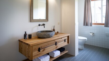 Fototapeta premium Wooden vanity with stone round vessel sink and mirror in frame on white wall. Interior design of modern scandinavian bathroom.