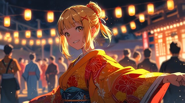 A cheerful girl with bright yellow hair tied in a bun, wearing a colorful kimono. She&rsquo;s a skilled dancer and loves celebrating tradition GENERAVTIE AI