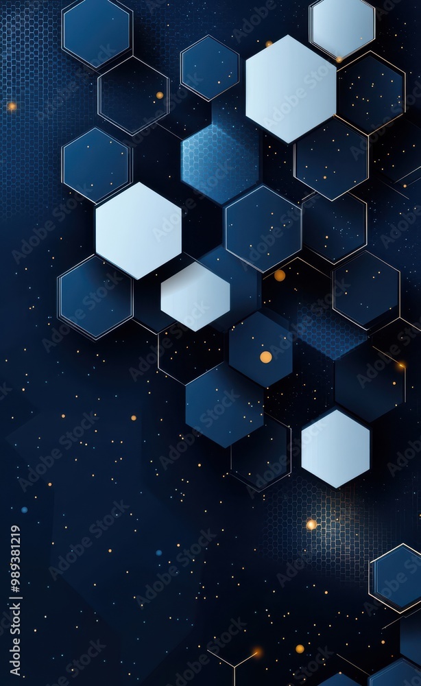 Poster abstract background design featuring white hexagons on a dark blue backdrop with glowing dots and a 