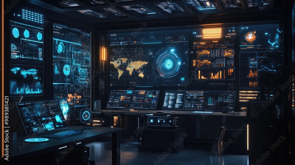 Poster a futuristic workspace with multiple screens and data visuals, representing the digital transformati