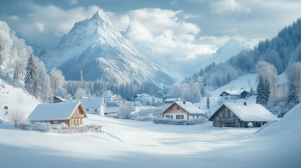 Highly detailed, amazing winter landscape, peaceful alpine valley with impressive snowy mountains, typical austrian or Swiss village. Snowy landscape, beautiful winter sport destination. Winter vacati