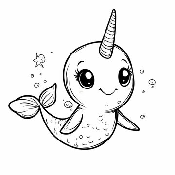 recommend clip art: Cute Narwhal Illustration with Big Eyes and Tail