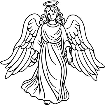 recommend clip art: A delicate angel with a halo, wings, and a flowing robe, drawing in soft, flowing lines line art vector