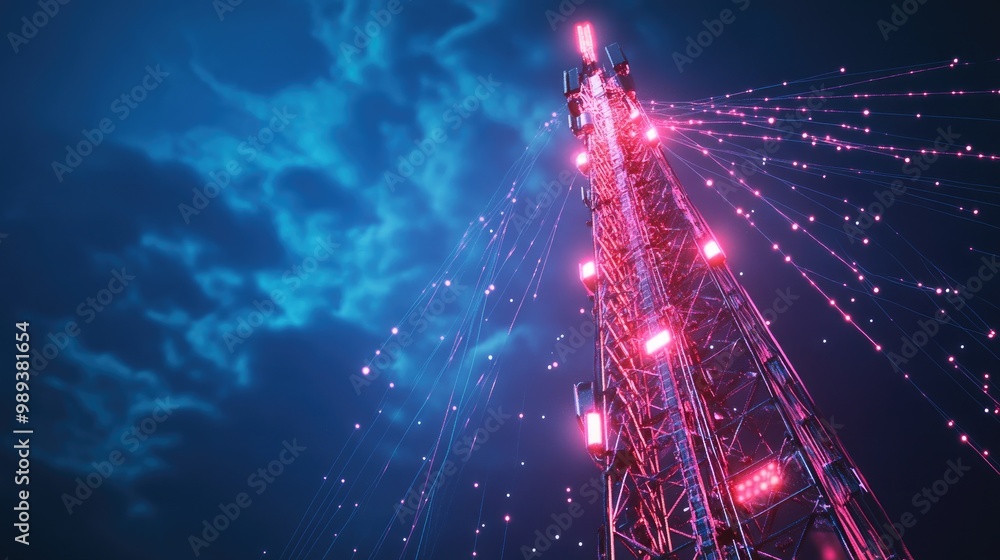 Poster a glowing 5g network tower with data streams, representing the future of high-speed wireless communi