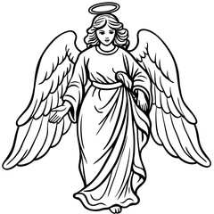 A delicate angel with a halo, wings, and a flowing robe, drawing in soft, flowing lines line art vector