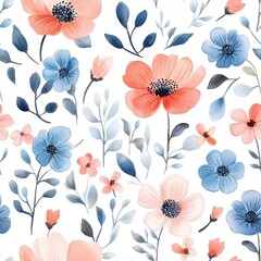 Fototapeta premium elegant and vibrant floral pattern with pastel blue, pink, and red flowers on a white background