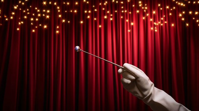 A pair of white magician&rsquo;s gloves holding a wand, set against a dramatic stage curtain background for a performance-ready look