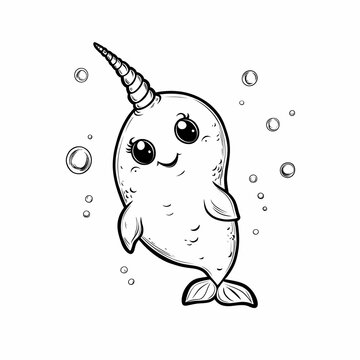 recommend clip art: Cute Cartoon Narwhal Illustration with Bubbles