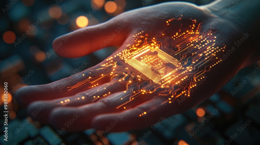 Poster a glowing circuit board embedded in a human hand, symbolizing the integration of technology and the 