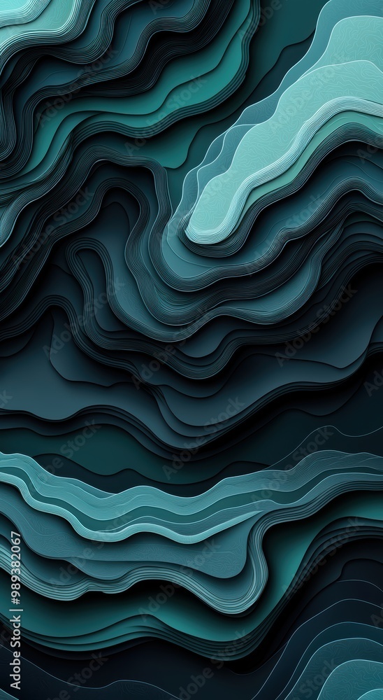 Poster abstract black and teal background with layered waves creating a modern and dynamic design