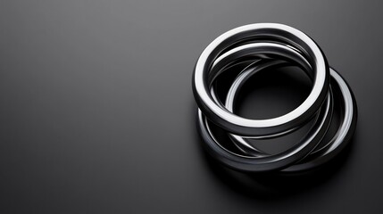 Naklejka premium A set of metal rings linked together, isolated on a soft gradient black-and-grey background for a minimalist, clean magic trick display
