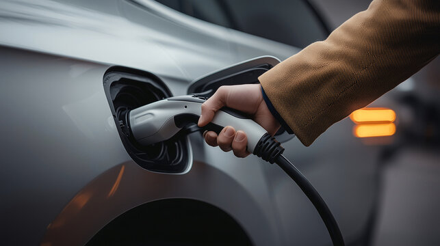 Hand holding a plug while charging an electric car