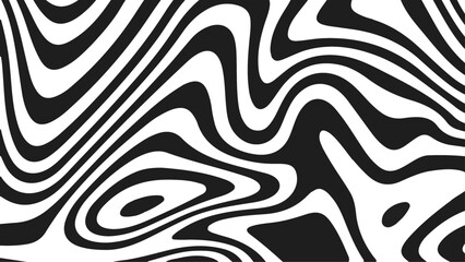 Abstract psychedelic pattern with black and white wavy lines. 