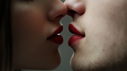 Obraz premium A close-up of two people about to kiss, highlighting their lips and facial features in an intimate moment