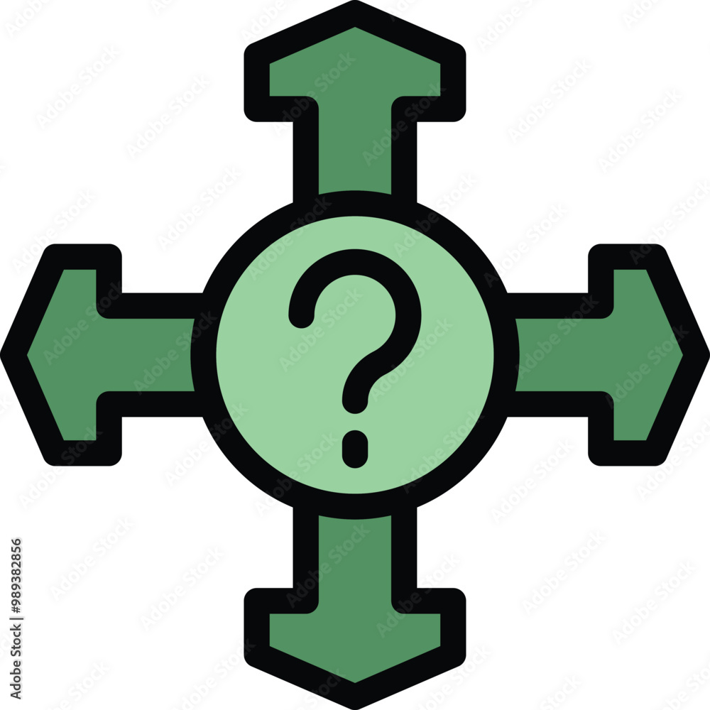 Poster question mark is at the center of four arrows pointing in opposite directions, symbolizing decision 