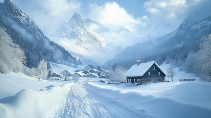 Highly detailed, amazing winter landscape, peaceful alpine valley with impressive snowy mountains, typical austrian or Swiss village. Snowy landscape, beautiful winter sport destination. Winter vacati
