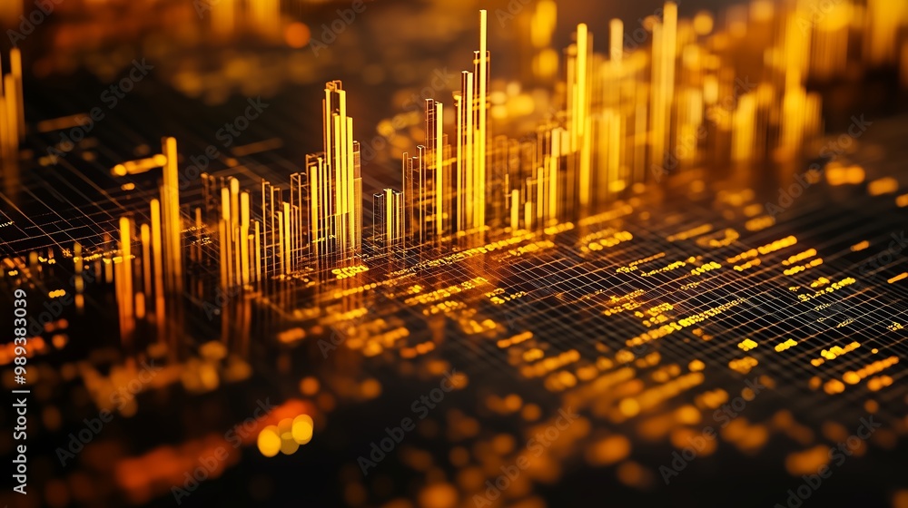 Poster abstract golden digital landscape with glowing lines and intricate patterns depicting a vibrant data