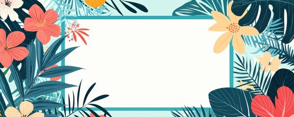 Tropical blank card with a light blue frame and colorful floral border featuring vibrant hibiscus and palm leaves