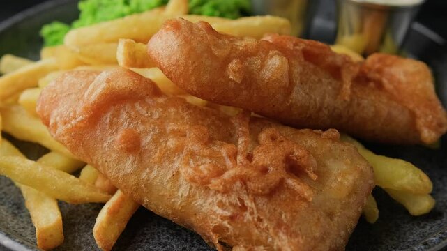 British Fish and chips with mashed peas, tartar and ketchup sauce. Rotating video