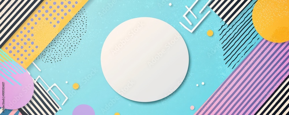 Poster abstract geometric background with a blank white circle on colorful shapes and patterns on blue back