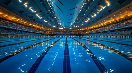 Olympic sized swimming pool. Interior swimming pool, stadium, event, indoor. Brightly lit, fresh water. Modern architecture.