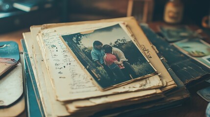 A beautifully crafted scrapbook filled with vintage photographs and artistic embellishments displayed on a wooden table in soft natural light