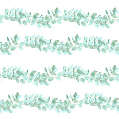 Green eucalyptus branches arranged in horizontal rows. Seamless pattern, watercolor clipart. Ideal for fabric designs, home decor, and wrapping paper, bringing a fresh botanical touch to your products