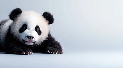 Cute panda sitting on a grey surface, looking curiously at the viewer.