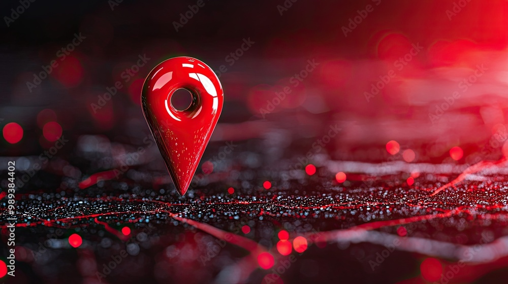 Poster red location pin on a reflective surface with a playful light effect.