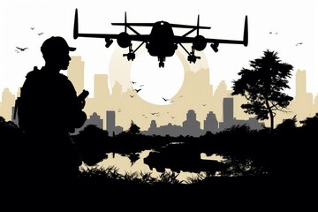 Silhouette of a soldier operating drones for military combat and reconnaissance missions