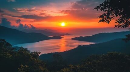 Naklejka premium A romantic sunset overlooking the ocean highlights golden skies and silhouettes of a couple on a cliff in the evening