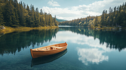 Obraz premium Tranquil Wooden Boat on Serene Lake Surrounded by Lush Forest and Mountains Under a Clear Sky