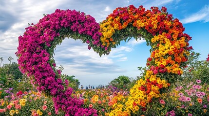 Fototapeta premium Vibrant heart-shaped flower bed with colorful blooms in a sunny garden during springtime