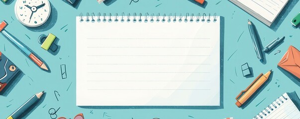 Blank sheet of paper with school supplies arranged on a blue desk