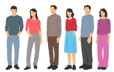 Obraz premium Set of young men and women , different colors, cartoon character, group of silhouettes of standing business people, students, design concept of flat icon, isolated on white background