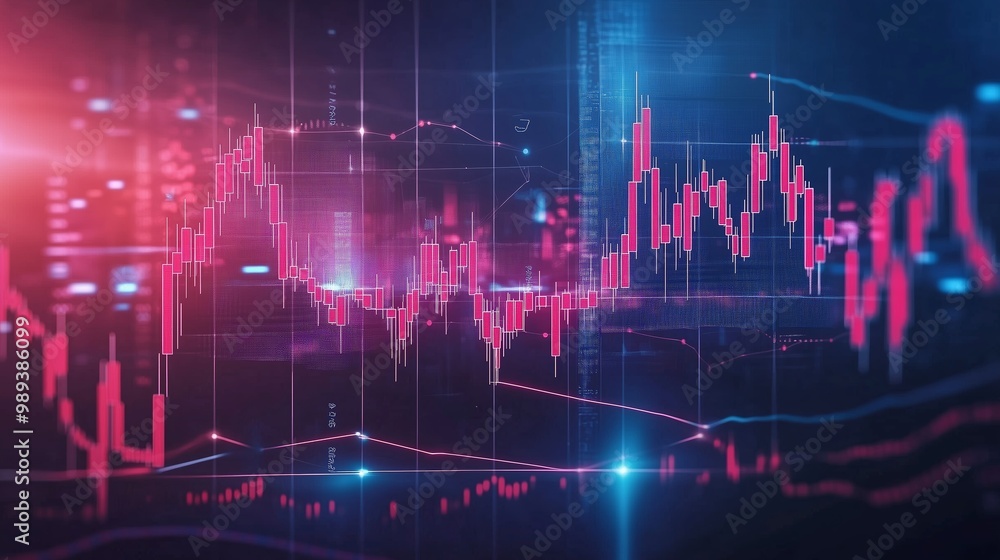 Poster dynamic financial market data visualizations on digital display with vibrant colors and fluctuating 