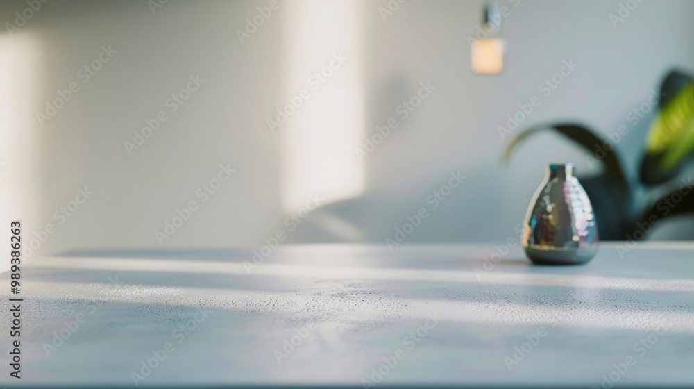 Poster Minimalist Soft White Concrete Table with Holographic Vase in Modern Indoor Setting with Bokeh Effect