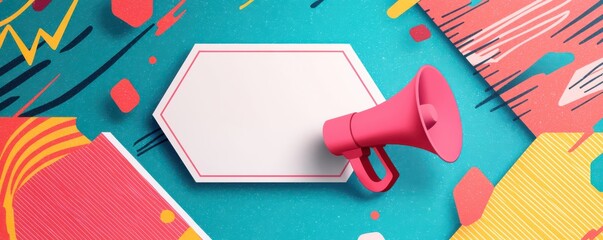 Colorful abstract background with blank white hexagonal name tag and pink megaphone