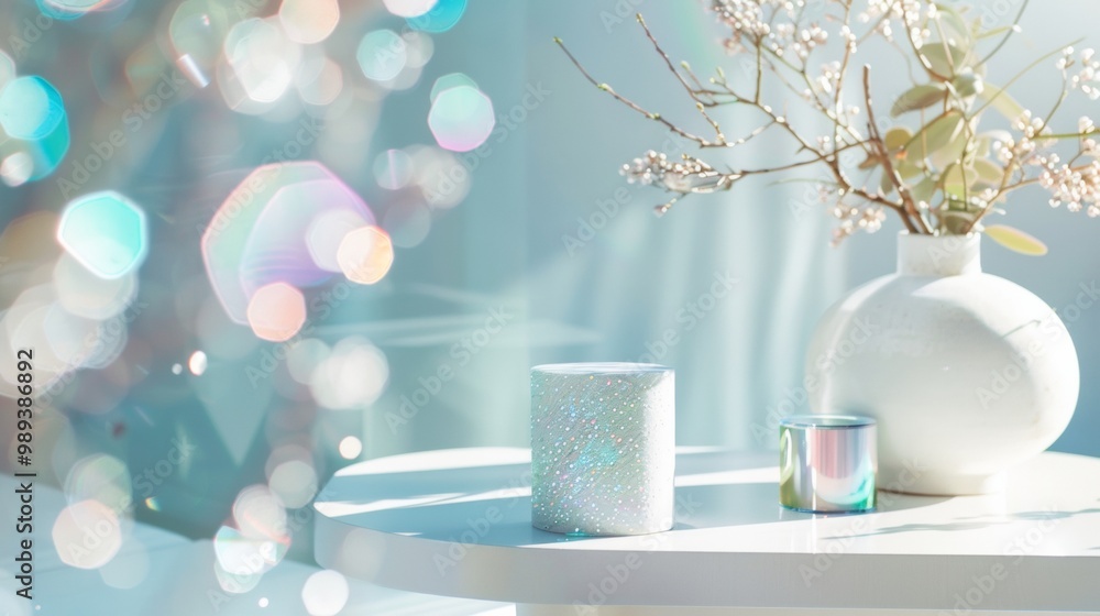Poster minimalist futuristic table with soft white vase and holographic accessories in serene indoor settin