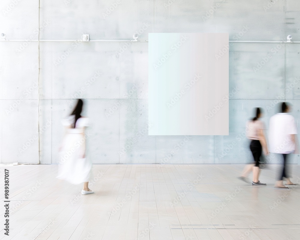 Poster modern minimalist indoor setting with empty frame on soft white wall and motion blur of people passi