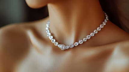Shimmering Silver Necklace Adorning Collarbone with Elegant Craftsmanship and Soft Lighting Glow