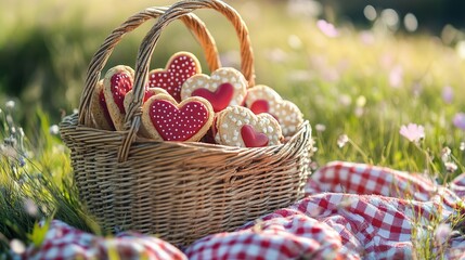 Colorful heart-shaped cookies in a rustic woven basket resting on a picnic blanket in a sunny green park
