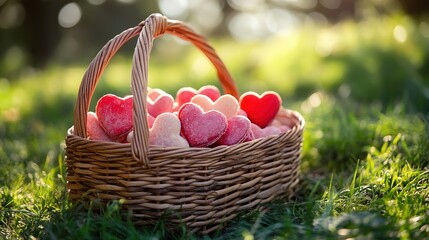 Colorful heart-shaped cookies in a rustic woven basket resting on a picnic blanket in a sunny green park
