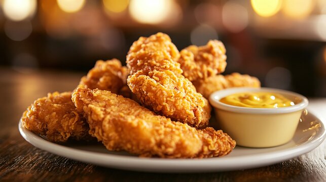 Closeup of crispy fried chicken tenders on a white plate with a small dish of yellow dipping sauce, on a wooden table.