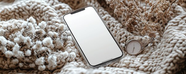 Minimalistic iPhone with blank white screen on cozy knitted blanket alongside watch and dry flowers