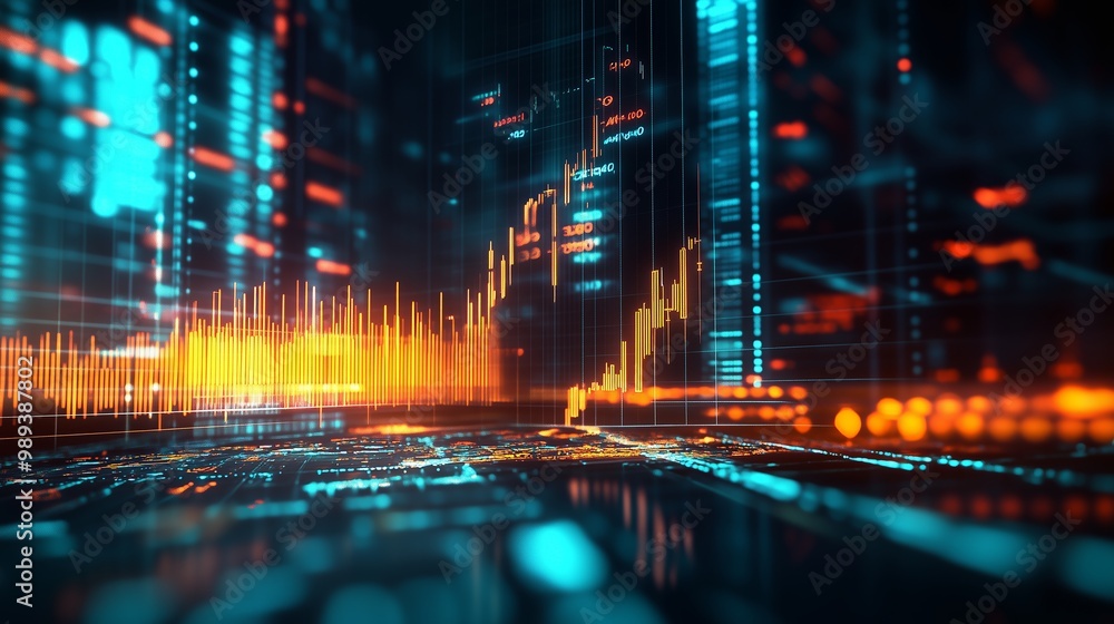 Poster Visual representation of digital data analysis with vibrant waveforms and glowing grids in a futuristic setting