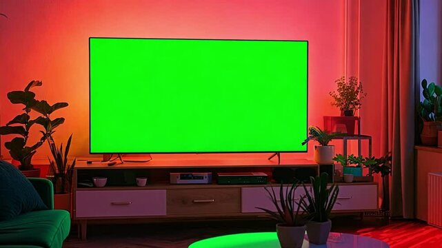 Stylish Loft Apartment Interior with TV Set with Green Screen Mock Up Display Standing on Television Stand. Empty Living Room at Home with Chroma Key Placeholder on Monitor. Zoom In Sunset Shot. Neon 
